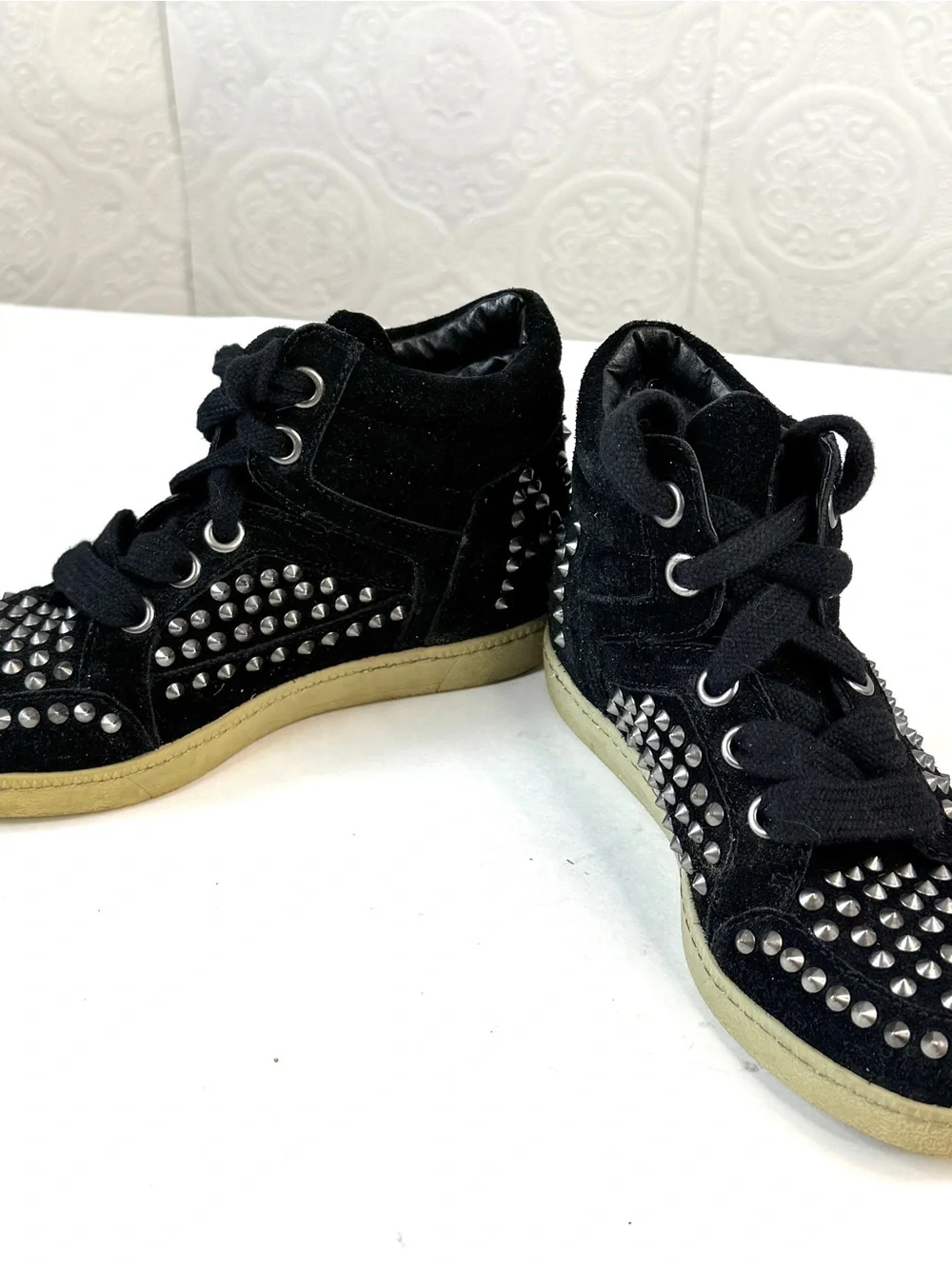 ASH Shoes Studded Spike Embellished Black Suede High Top Sneakers Size EU 35